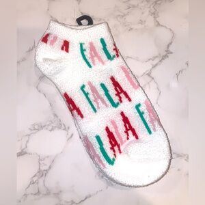 FUZZY WHITE SOCKS WITH FESTIVE PRINT - STOCKING STUFFER - WOMENS - NWOT